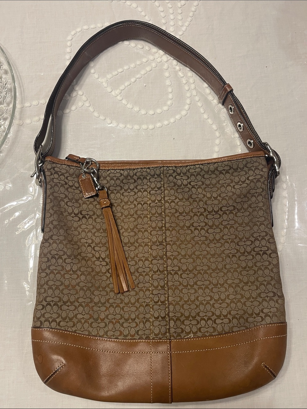 Vintage Coach Brown Signature Jacquard Hobo with Leather Trim and Tassel